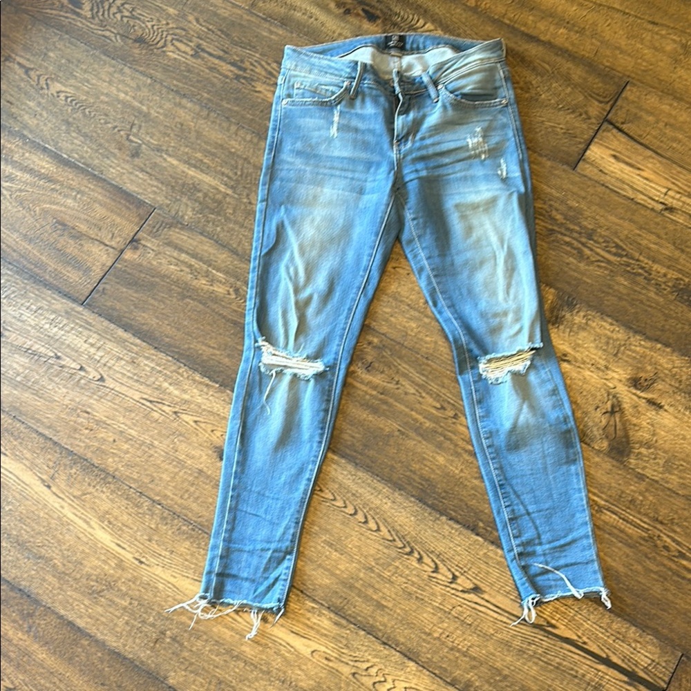 Just Black Blue Skinny Jeans with Raw Hem and Knee Rips
